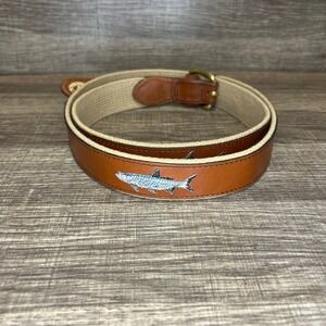 Leather Man Ltd. Canvas Belt Fish Embroidered Brown Tan Brass Buckle Men Size 46